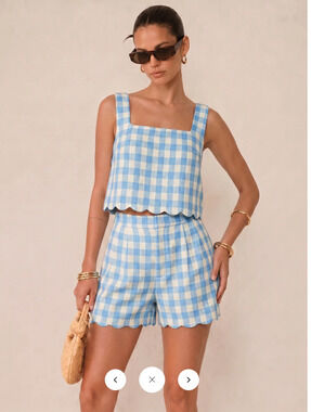 NWT Commense Gingham Scallop Hem Crop Top & Shorts Set Sz L